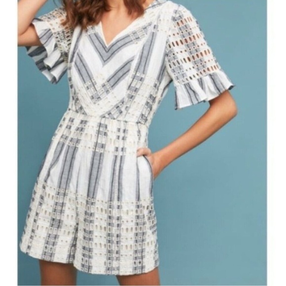 Anthropologie eyelet ruffle embroidered romper‎ striped chevron size 10 blogger - Picture 2 of 8